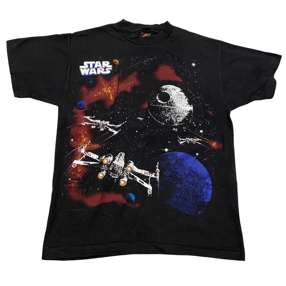 Vintage 90s Star Wars X Wing Fighter Death Star Single Movie Promo Tee Large